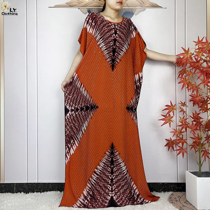 2024 New Muslim Women Dashiki Printed Dress Flower Diamonds Loose Dress With Big Scarf Islamic African Women Short Sleeve Abaya