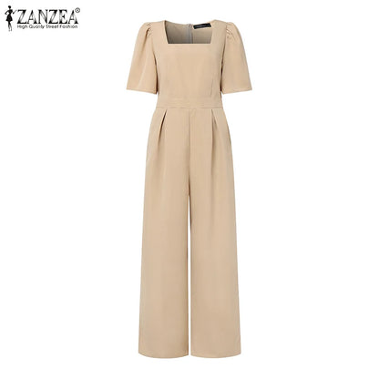 ZANZEA Street Fashion Elegant Womens Jumpsuits Sqaure Neck Short Sleeve Fitted Waist Wide Leg Pant Overalls Summer Streetwear.