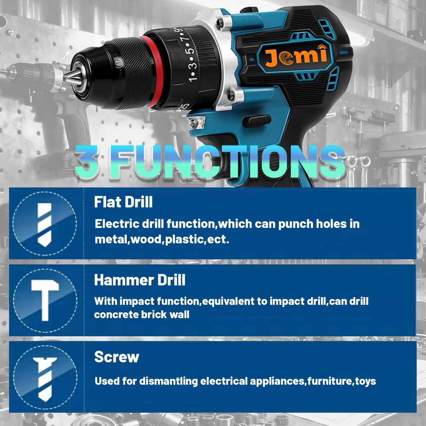 Jemi Tool Akku-Schlagbohrmaschine, mit zwei Geschwindigkeitseinstellungen, ausgestattet mit verschiedenen Größen von Bohrern und Zubehör