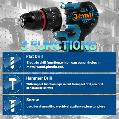 Jemi Tool Akku-Schlagbohrmaschine, mit zwei Geschwindigkeitseinstellungen, ausgestattet mit verschiedenen Größen von Bohrern und Zubehör