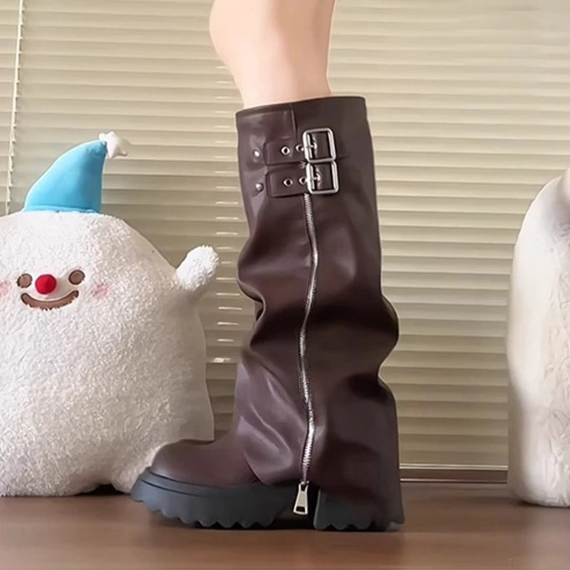 Punk Style Splicing Thick Bottom Women Knee-High Boots Fashion Zipper Female Pleated Knight Long Booties Shoes.