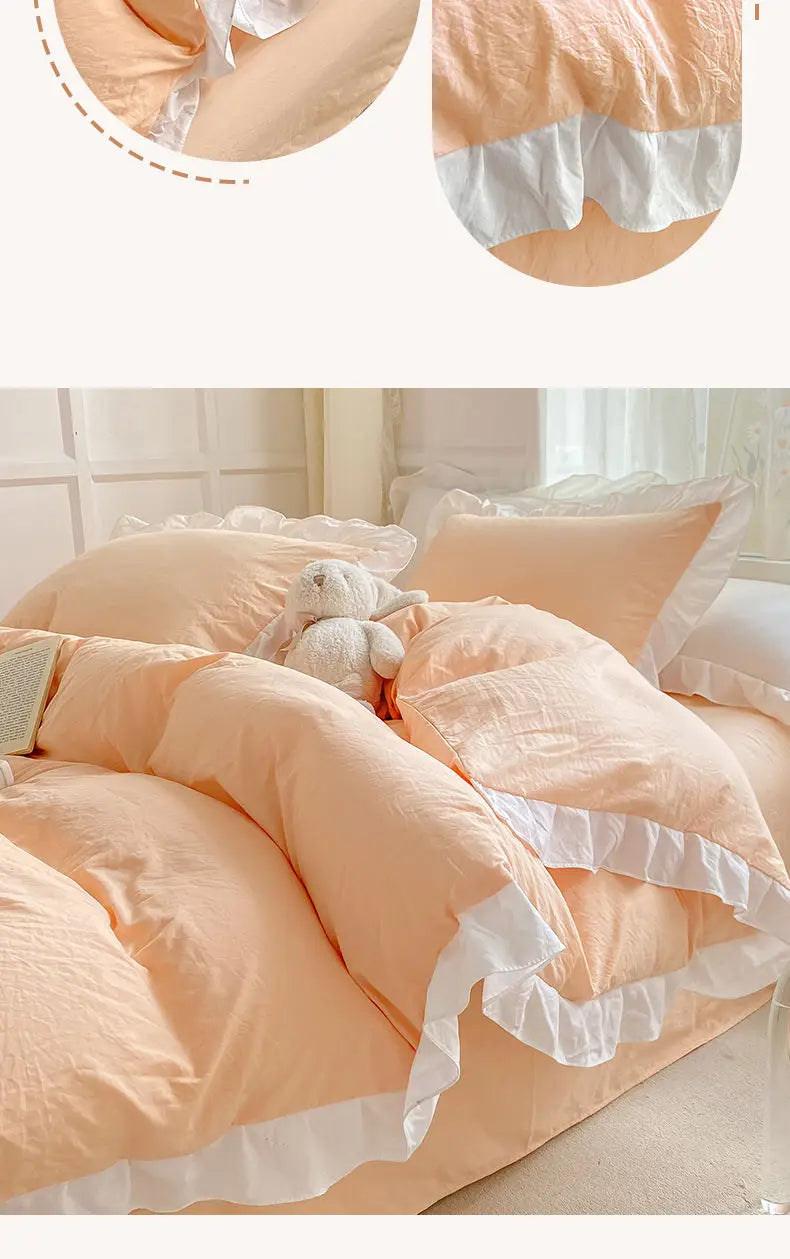 Korean Princess Style Duvet Cover Set No Filling Pink Blue Soft Washed Cotton Girls Favorite Ruffles Bed Linen Pillowcases.
