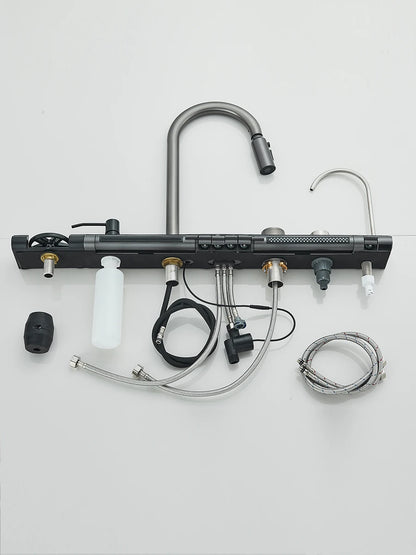 Küchenspüle aus Edelstahl 304, doppelter Wasserfall, Einzelschlitz, integrierte Digitalanzeige, Wasserhahn-Set, Seifenspender, Tassenwascher