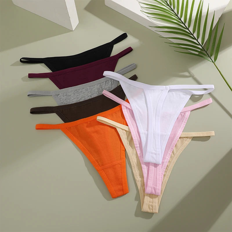 FINETOO 6PCS/Set Sexy Women Cotton G-String Underwear Low Waist Panties Girl T-back Panty Soft Thin Strap Femme Thong Lingerie.