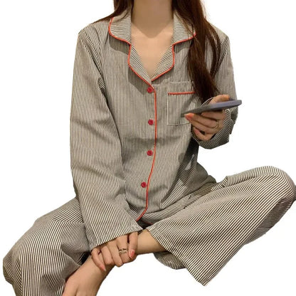 2 Teile/satz frauen Langarm Lose Atmungs Student Nachtwäsche Loungewear Strickjacke Grau Gestreiften Mädchen Mode Pyjamas Homewear.