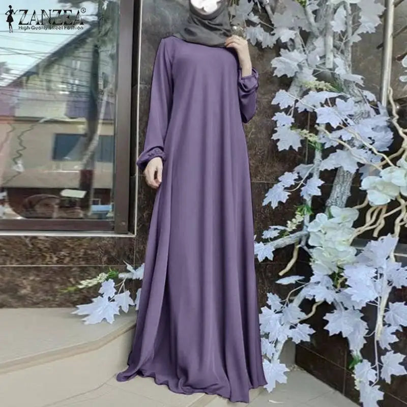 ZANZEA Muslim Women Summer Abaya Sundress Solid Islamic Clothing Marocain Vestido Robe Femme Fashion Long Sleeve Kaftan Dress.