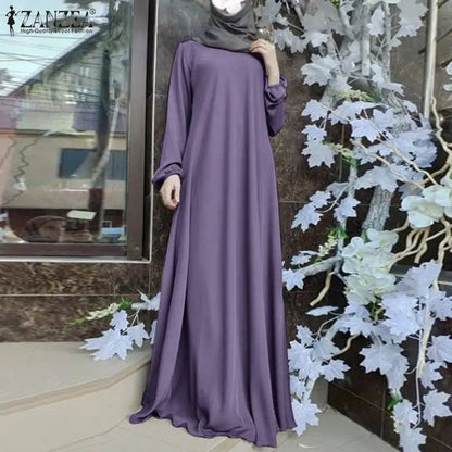 ZANZEA Muslim Women Summer Abaya Sundress Solid Islamic Clothing Marocain Vestido Robe Femme Fashion Long Sleeve Kaftan Dress.