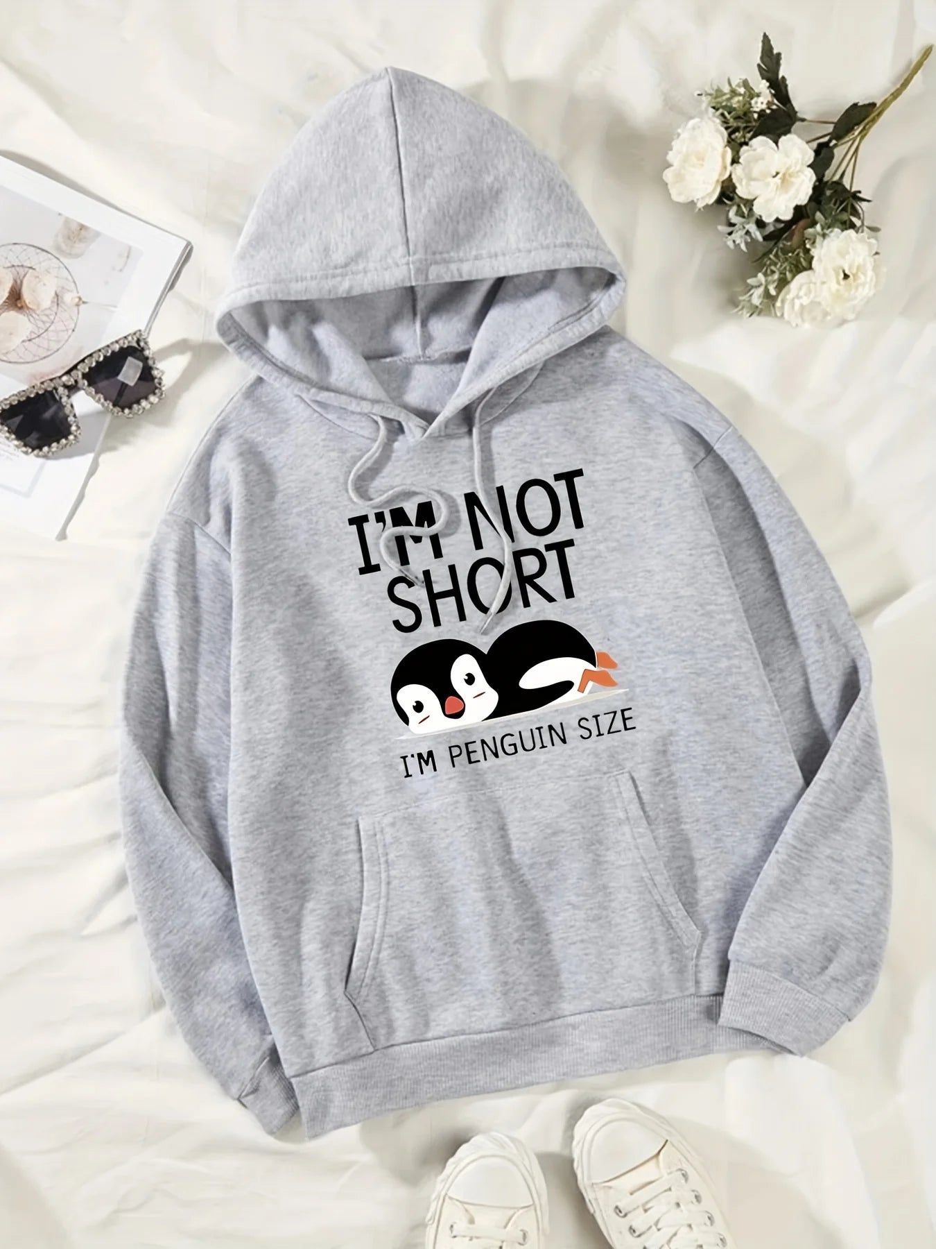 I'M Not Short ,I'M Penguin Size Funny Printing Women Hooded Fashion Cute Hoodies Basic Casual Hoody Fleece Warm O-Neck Clothes.