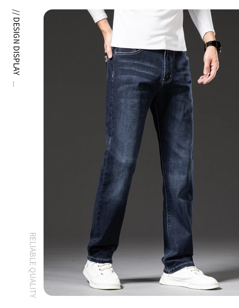 Große Größe 40, 42, 44, 46, lockere, gerade Jeans für Herren, Herbst, neue Business-Casual-Stretchhose, klassische blaue Denim-Hose für Herren