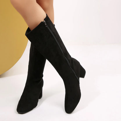 Women Boots Autumn Winter Elastic Slimming Knee-High Boots Fashion Pointed Toe Thick Heel Shoes Woman Side Zipper Casual Botas.
