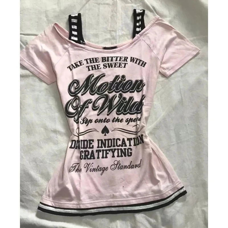 2025 Ropa Mujer Summer Tshirts for Women V-neck Short Sleeve Tunic Camisetas Pink Print Tees Crop Tops Casual Chic Y2k T-shirt.