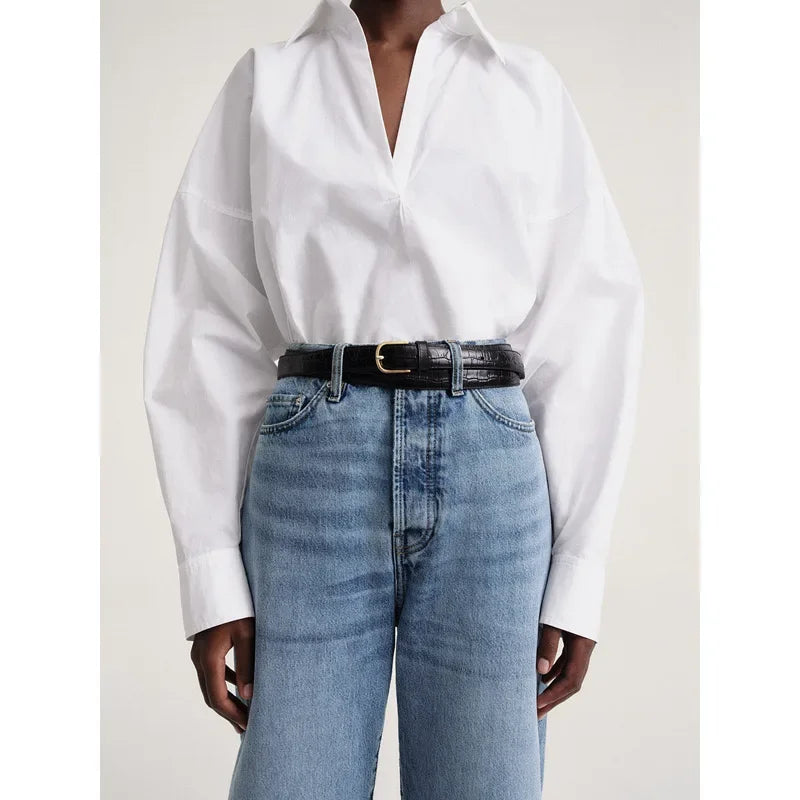 LUXURY Women's Vertical Striped Shirt, Short Front and Back, Short, Vertical Striped Shirt, Loose Long Sleeve, Commuter Style