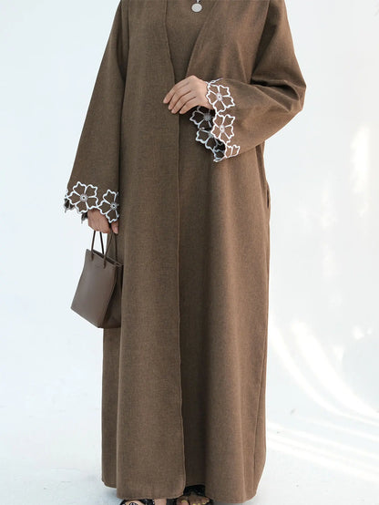 Chic Coffee Color Outer Piece Abaya Geometric Cuff Embroidery Ideal Modern Muslim Women Suitable for Daily/Semi formal Occasion.