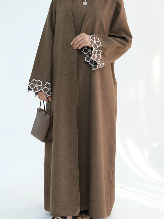 Chic Coffee Color Outer Piece Abaya Geometric Cuff Embroidery Ideal Modern Muslim Women Suitable for Daily/Semi formal Occasion.