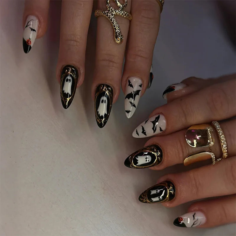 24Pcs Gothic Halloween Press On Nails - Creepy Skeleton Finger Fake Nails, Long Almond Black/White Acrylic False Nails Patches.