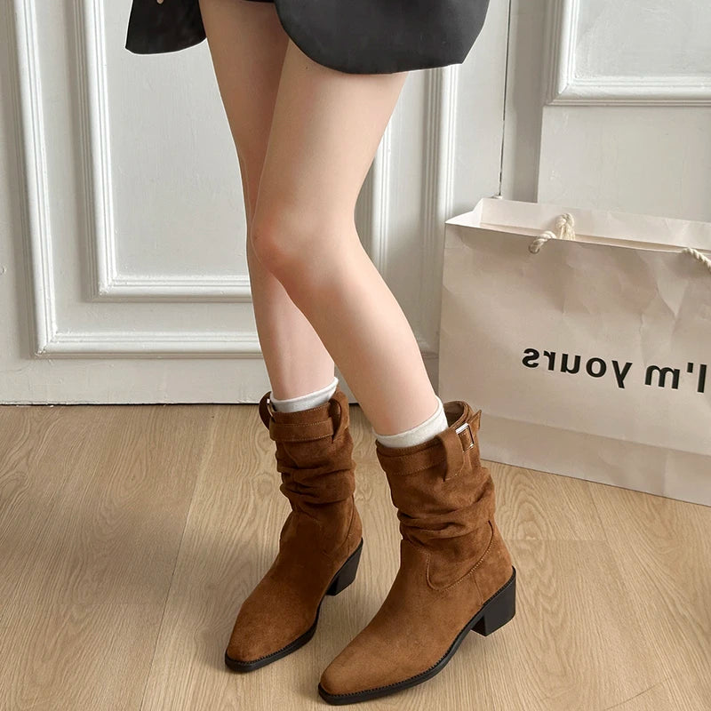 Autumn Winter Suede Pointed Toe Women Ankle Boots Fashion Slip On Thick Heel Shoes Ladies Elegant Slim Short Booties.