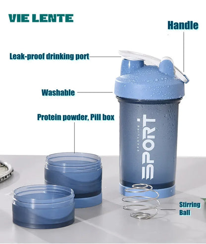 500ML 3-layer Sports Water Protein Powder Shaker Bottle Outdoor Travel Portable Leakproof Drinkware Plastic Drink BPA Free.