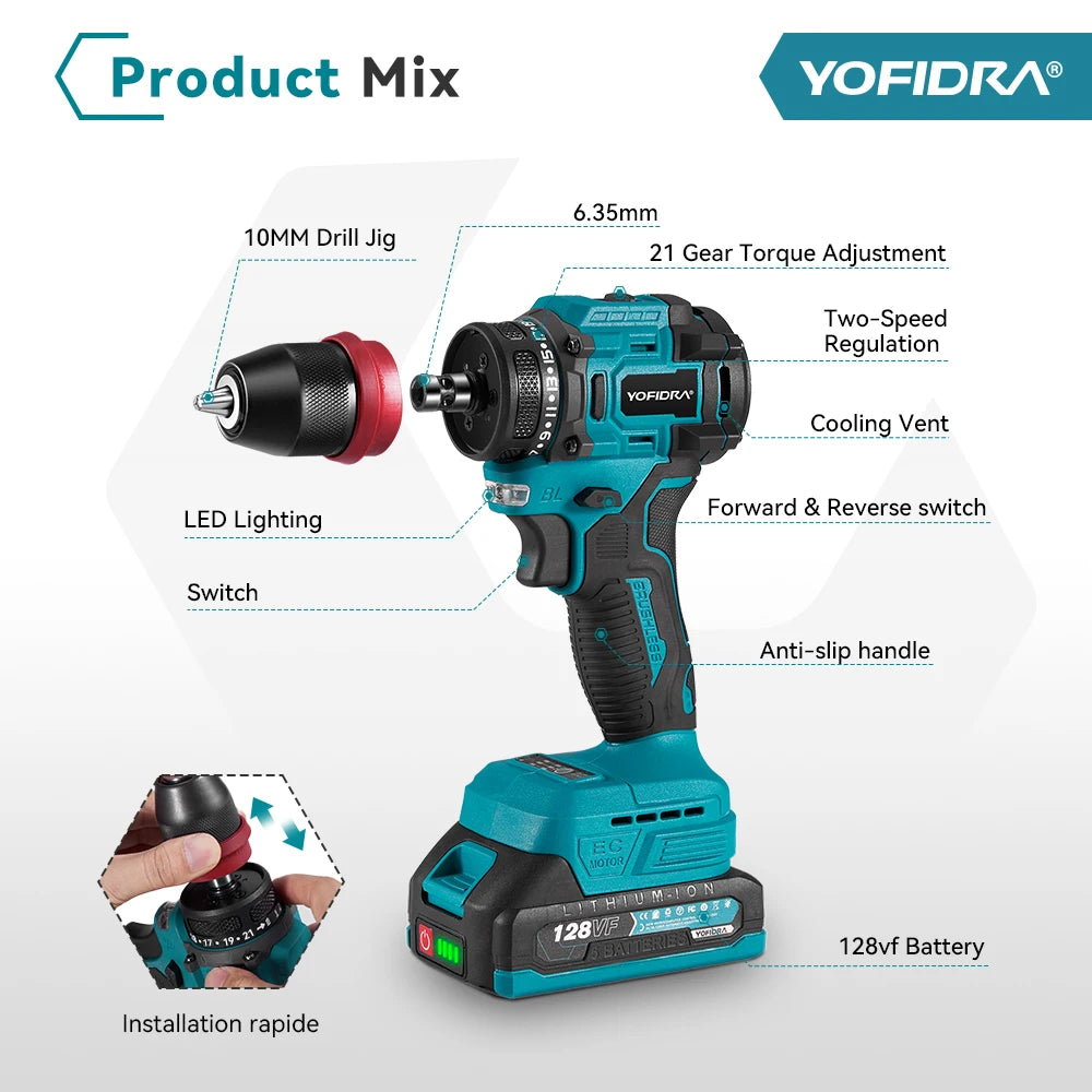 YOFIDRA 2-in-1 bürstenloser Elektroschrauber Handheld Sechskantbohrer Schraubendreher Home Power Tool Set für Makita Akku Pin