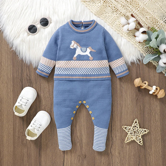 Baby Strampler Blau Langarm Stricken Neugeborenen Jungen Overalls Playsuits Herbst Winter Infant Unisex Outfits Ein Stück Kinder Kostüme