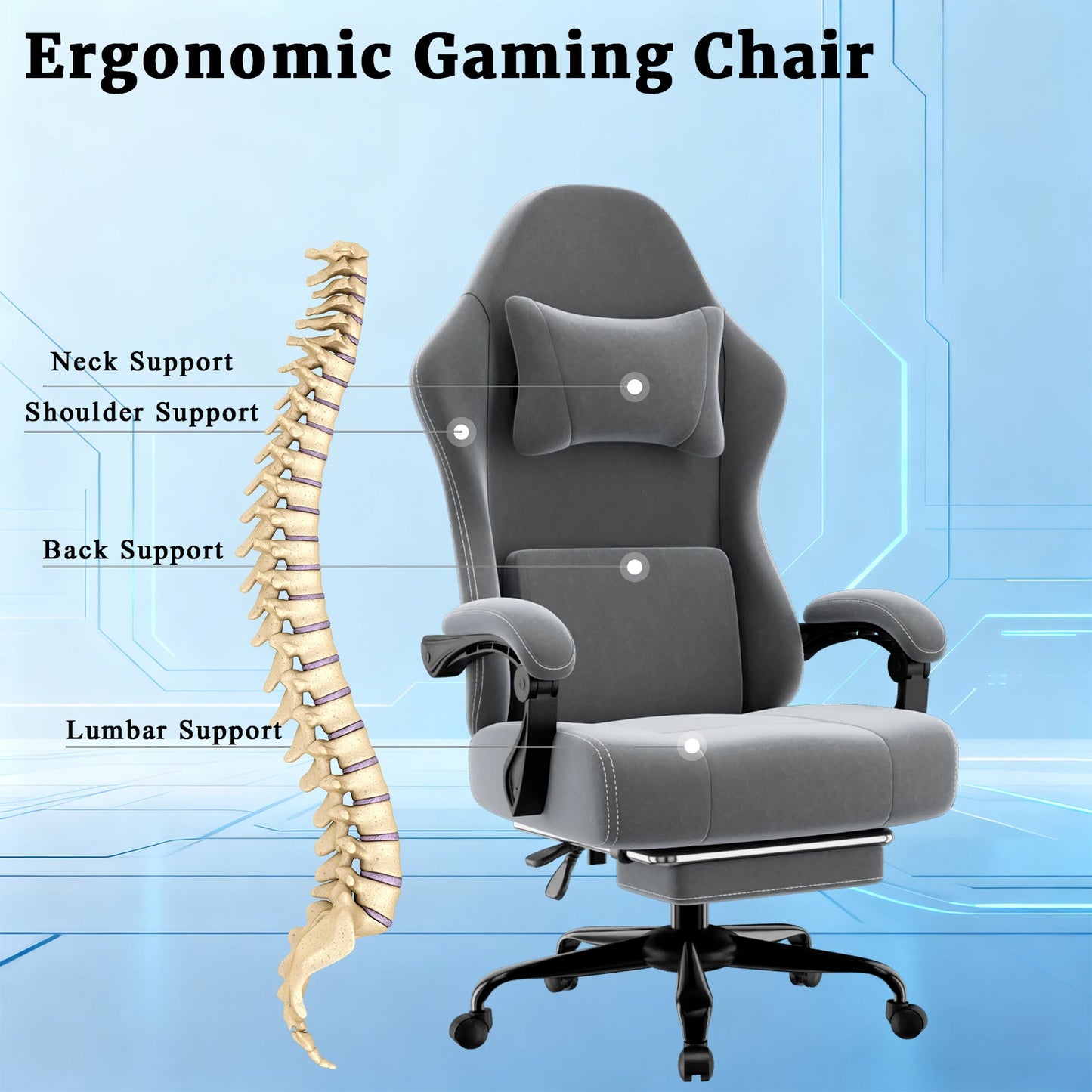 Ergonomischer elektronischer Gaming-Stuhl mit Massagefunktion, verstellbarer Lordosenstütze und Fußpedalen, Computer aus atmungsaktivem Stoff