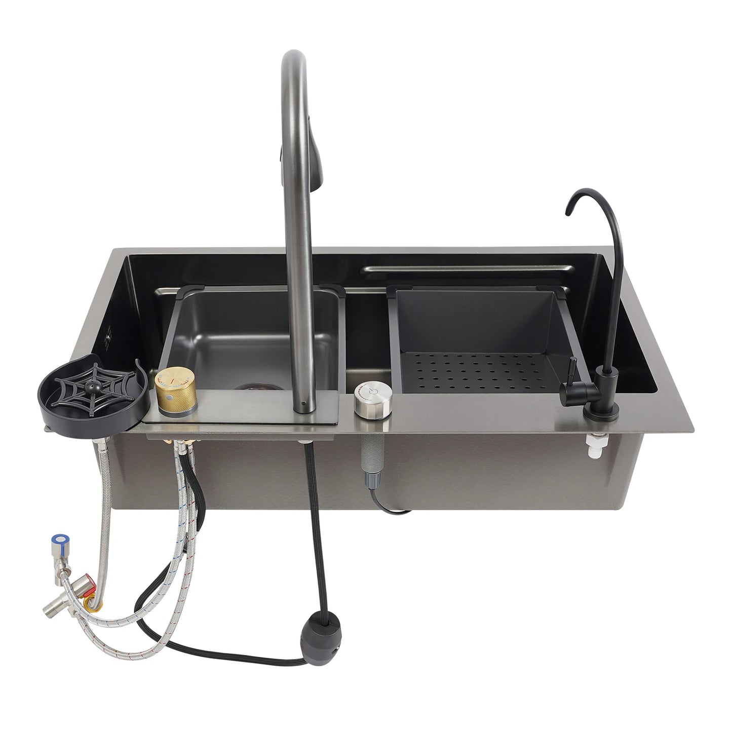 75 cm große Küchenspüle aus Edelstahl, Haushaltsspülbecken-Set mit großem Fassungsvermögen und mehreren Zubehörteilen, 3 Wasserausgangsmodi