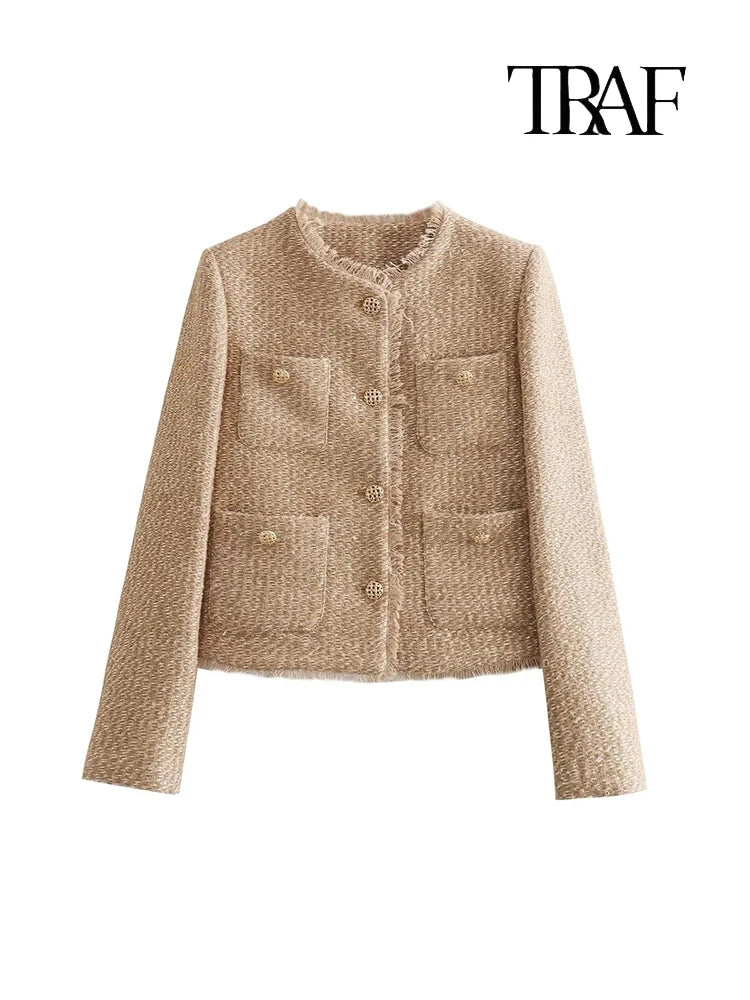 Women's Autumn and Winter Long Sleeve Short Jacket Fashion Solid Colour Front Pocket Button Jacket Elegant Casual Jacket