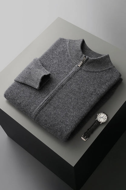 100% Merino Wool Men's Warm Sweater Mock Collar Thickened Zippered Cardigan Autumn Winter New Cashmere Knitted Long Sleeve Tops