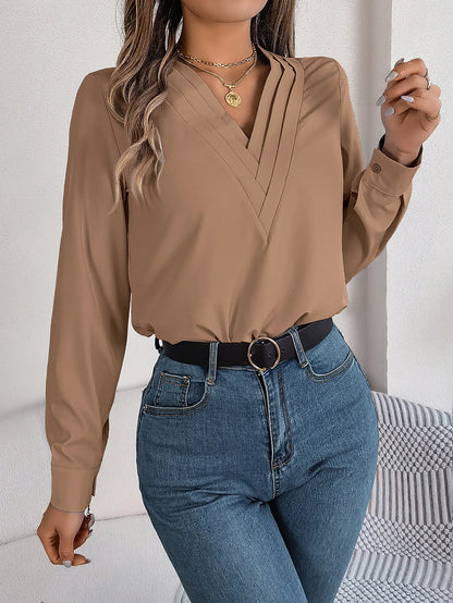 Summer And Autumn Women's Casual Shirt, Commuting Style Solid Color V-neck Long Sleeve Shirt Top