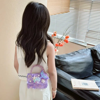 Lovely Sequin Girls Square Shoulder Bag Fish Tail Starfish Princess Crossbody Bags Bead Handle Children's Small Handbags Purse.