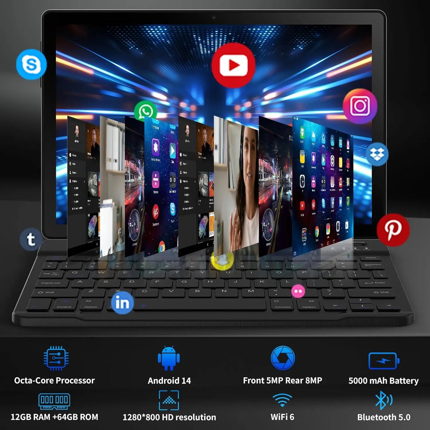 URAO A10L 10 Inch Tablet Android 14 12GB RAM 64GB ROM Octa-Core 5G WiFi with Keyboard Mouse Touch Pen Headset Case Tablet Kit.