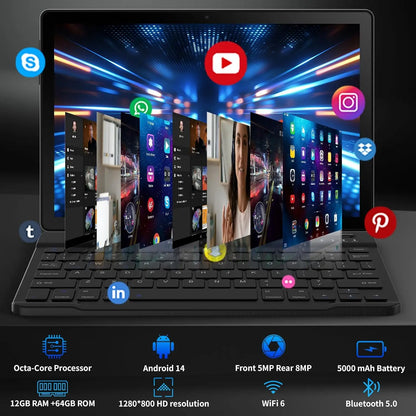 URAO A10L 10 Inch Tablet Android 14 12GB RAM 64GB ROM Octa-Core 5G WiFi with Keyboard Mouse Touch Pen Headset Case Tablet Kit.