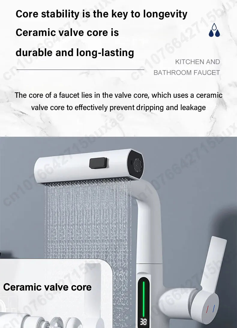 Waterfall Pull Out Kitchen Faucet White Intelligent Digital Display Cold Hot Mixer Taps Rotatable Sink Lifting Basin Faucet
