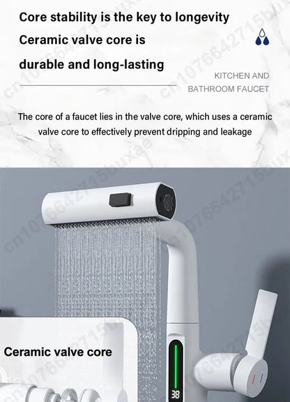 Waterfall Pull Out Kitchen Faucet White Intelligent Digital Display Cold Hot Mixer Taps Rotatable Sink Lifting Basin Faucet