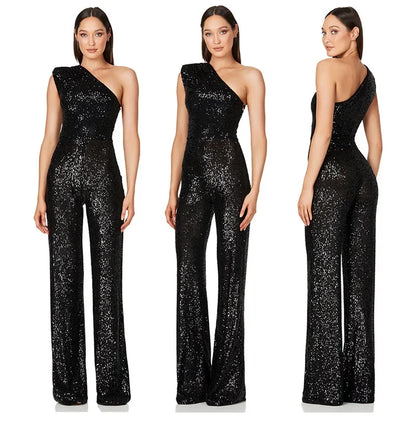 Women Elegant Long Jumpsuits Sexy Glitter Sequin Club Ladies Playsuits Slanted Collar Party Fashion Backless Solid Romper 2024.
