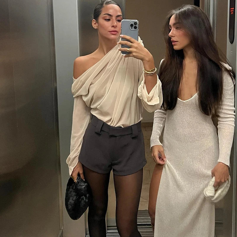 WhereMery Sexy Irregular Oblique-neck Flower Applique T Shirt Summer Off Shoulder Fashion Long Sleeve Crop Tops Street Mesh Tees.