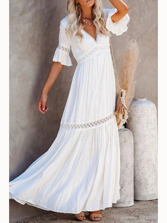 Fitshinling Spitze Spleiß Maxi Party Kleider Frauen tiefen V-Ausschnitt sexy lange Pareo weibliche Flare Ärmel weißes Kleid Tanz tragen Kostüm