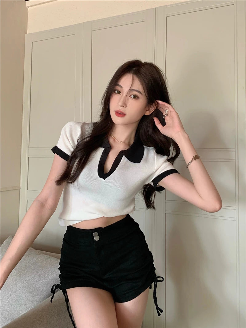 Jielur Spell Color Polo Knitting Women's Blouses Slim Sexy Short Sleeve Summer New Casual Female Blouse Chic Simple Office Lady.