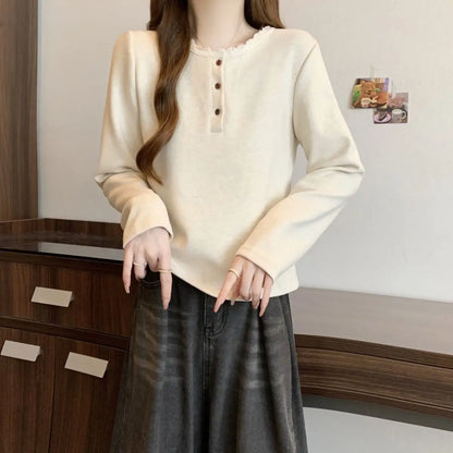 New Autumn and Winter Half-open Lace Front Shoulder Long-sleeved T-shirt Plus Velvet Warm German Velvet Women's Top.