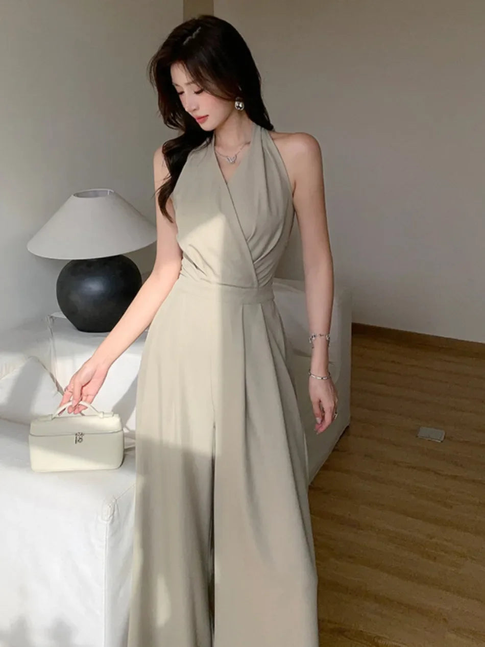 Women Clothes Elegant Sexy Halter Backless Folds Slim Wide Leg Loose Rompers Summer Solid Casual One Piece Long Jumpsuits.