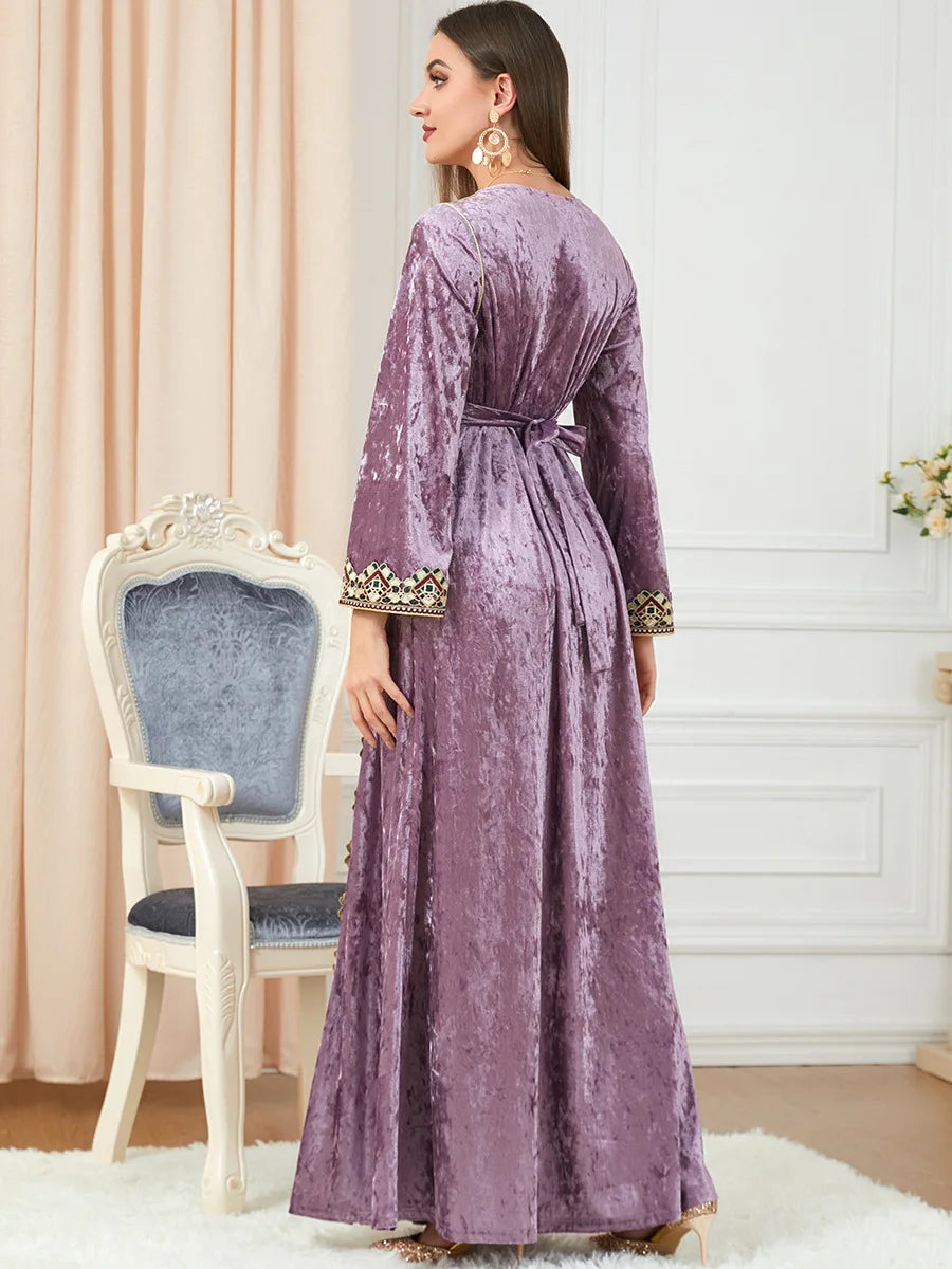 Dubai Velvet Muslim Dress Women Kimono Jubah Long Robe Abaya Hijab Dresses Islamic Clothing Turkey Arabic Dress Moroccan Kaftan.