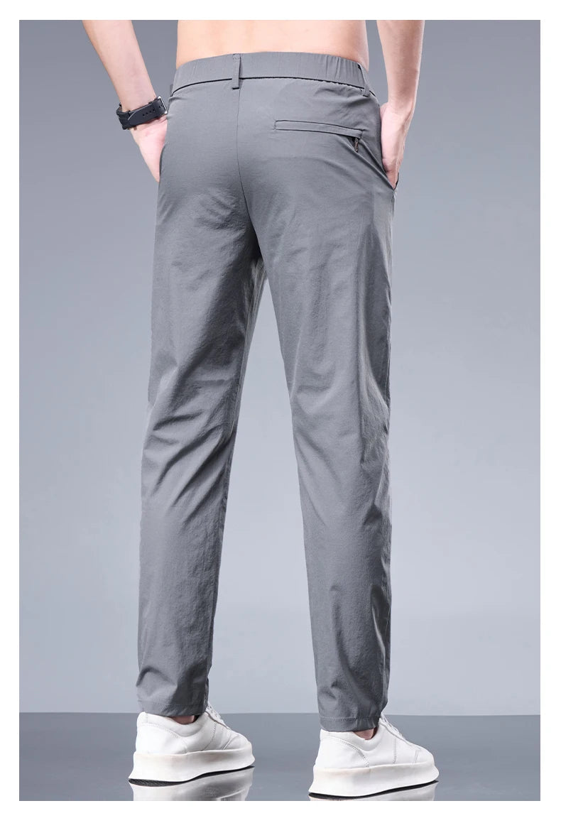 Summer New Business Ice Silk Pants Straight Elastic Waist Black Gray Trousers Breathable Simple Male Clothing Casual Suit Pants.