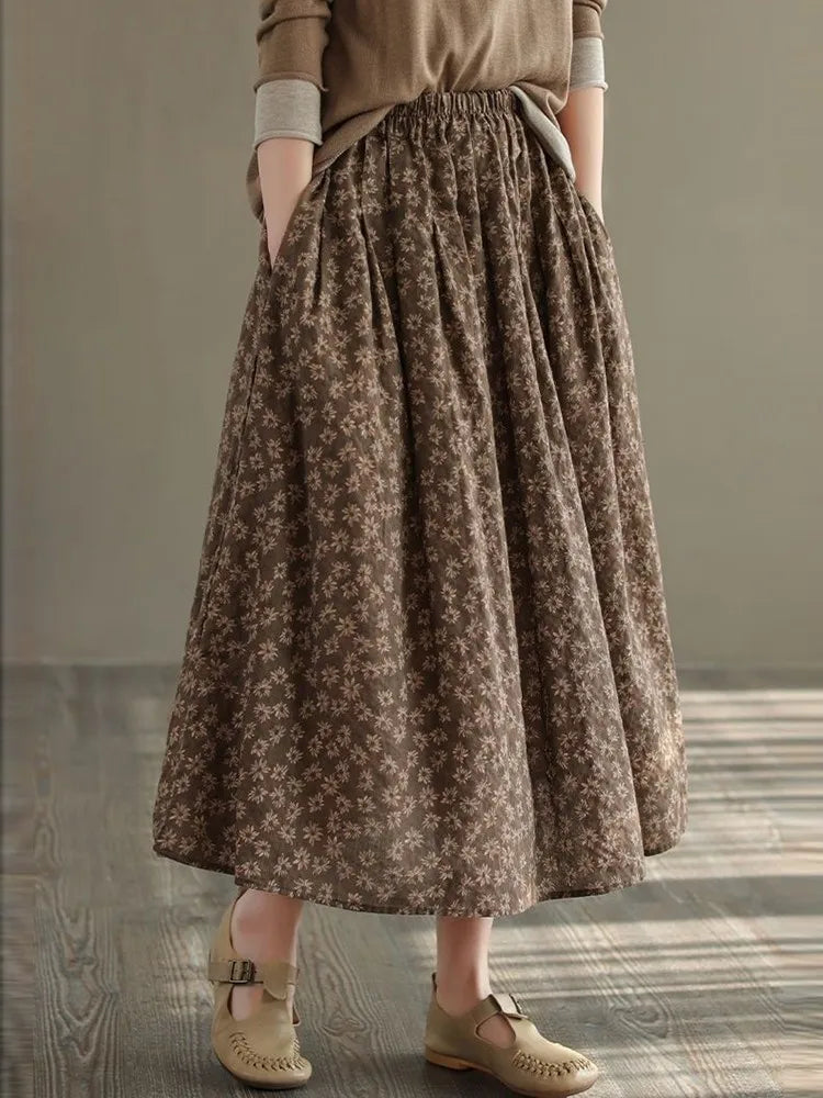Women Casual Skirts New Arrival 2023 Autumn Vintage Style Floral Print Loose Comfortable Ladies Elegant A-line Long Skirt D536.