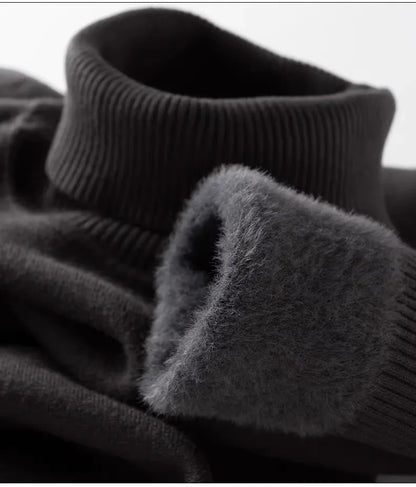 Men‘s Thermal Fleece High-neck Sweater Winter Turn-down Collar Fleece-lined Knitted Pullover Casual Keep Warm Thick Bottom Tops.