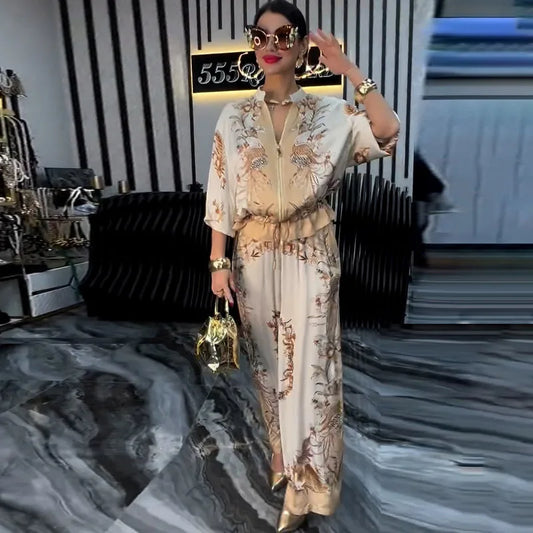 Summer Fashion Print Women's 2-piece Set Flower Zipper Baseball Uniform Drawstring Trousers Two-piece Outfit Elegant Office Suit.