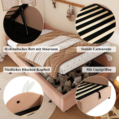 Polsterbett, Einzelbett, Babybett, niedlicher Hasenkopf, hydraulisches Bett mit Stauraum, erhöhter weicher Zaun, Samt, rosa + weiß, 90 x 200 cm