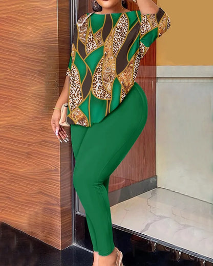 Autumn Women's Clothing New Fashion Print Sexy Backless Round Neck Five Quarter Sleeve Pants Two-piece Casual Comfortable Set