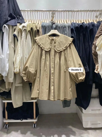 Shirts Women Spring New Plaid Peter Pan Collar Ruffles Loose All-match College Japanese Mujer Kawaii Swwet Tender Chemise Femme.