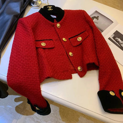 Mode Nähen Tweed Kurze Jacke Frauen Herbst Winter Elegante Büro Dame Mantel Y2K Koreanische O Neck Einreiher Crop Outwear