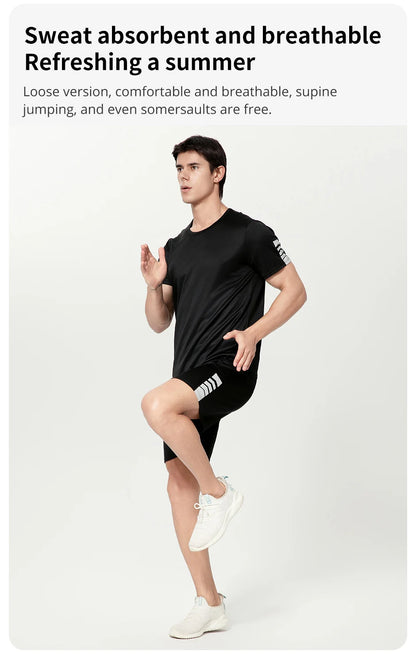 2-pcs Men's Quick-drying Exercise Black-and-white Suit Running Fitness Breathable Short Sleeve Comfortable Joker Playing Shorts.