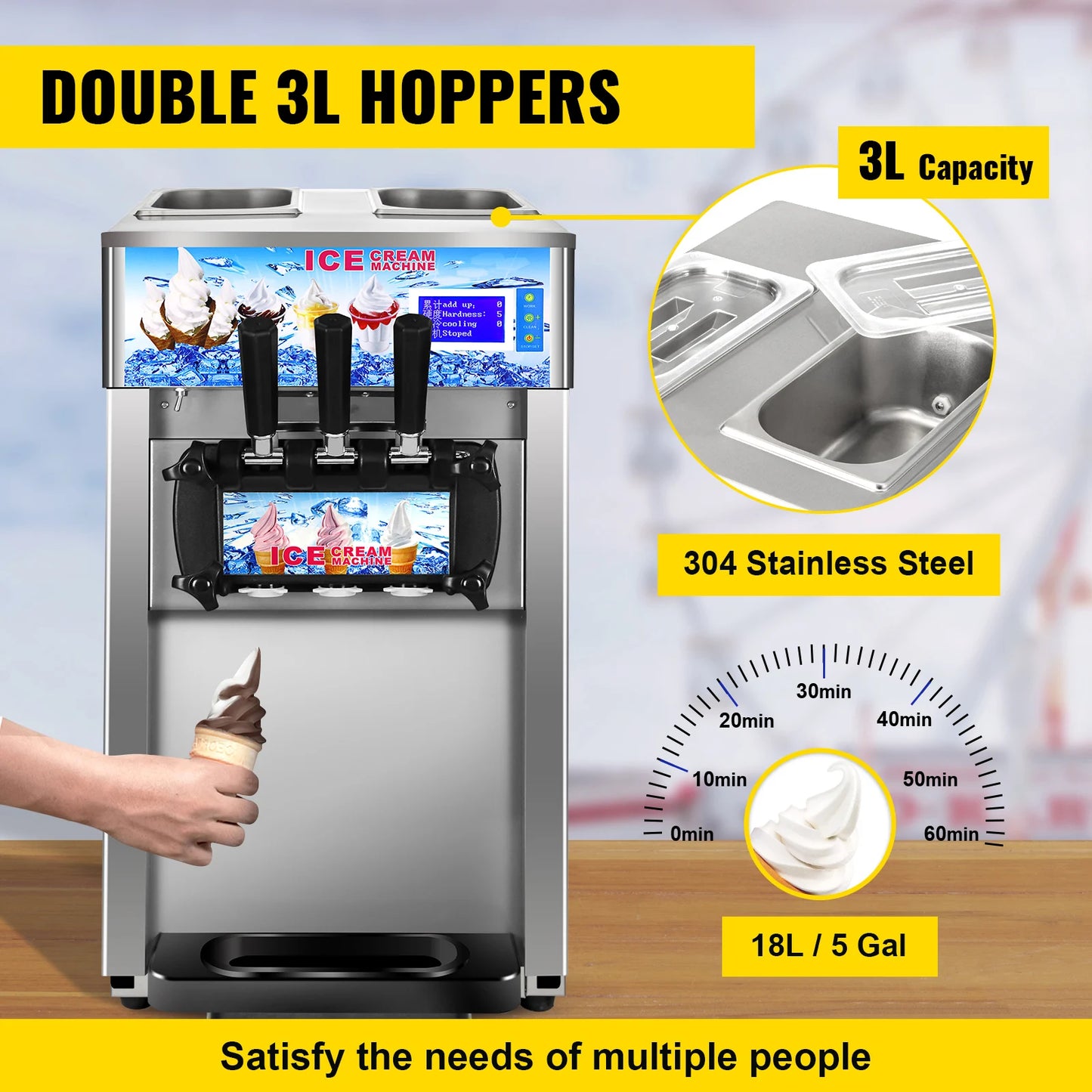 SIHAO Commercial Soft Serve Ice Cream Machine - Tri-Flavor 18L/H with LCD Display & One-Touch Cleaning for Dessert Shops, Cafes.